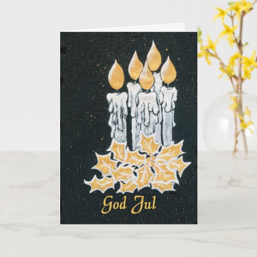 クリスマスの蝋燭およびヒイラギのノルウェーの挨拶 カード (黄色い花)