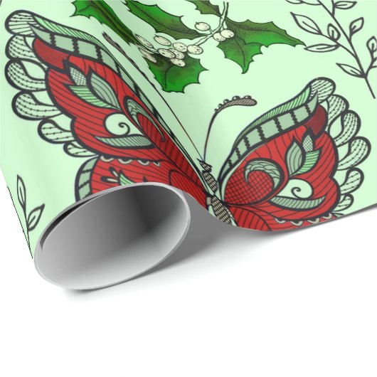クリスマスの蝶ポインセチアのヒイラギの覆いの紙 ラッピングペーパー (ロールコーナー)