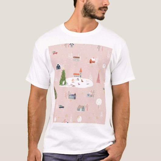 クリスマスの街：かわいいヴィンテージの風景 Tシャツ (正面)