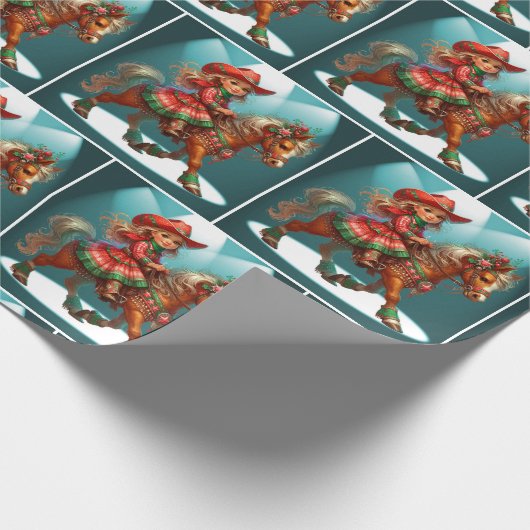 クリスマスの衣装を着た小さな女性のカーボーイ ラッピングペーパー (角)