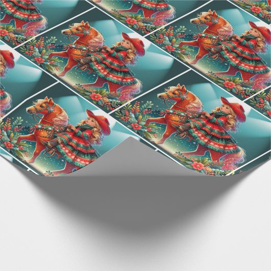 クリスマスの衣装を着た小さな女性のカーボーイ ラッピングペーパー (角)