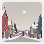 クリスマスの装飾がされた雪の村 - ステッカー (正面)