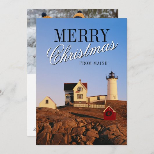 クリスマスの装飾が施された夕焼けの灯台 シーズンカード (正面/裏面)