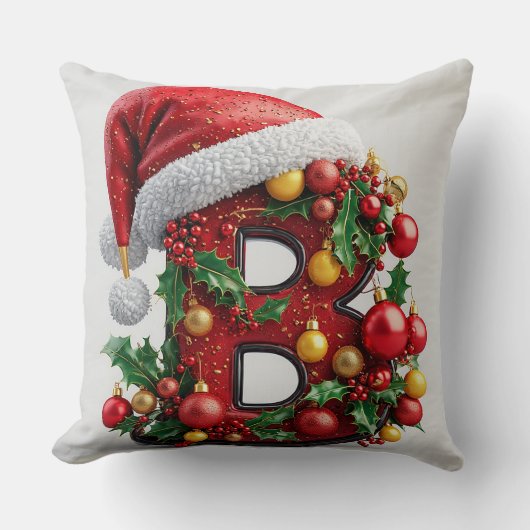 クリスマスの装飾が施された赤い文字B クッション (正面)