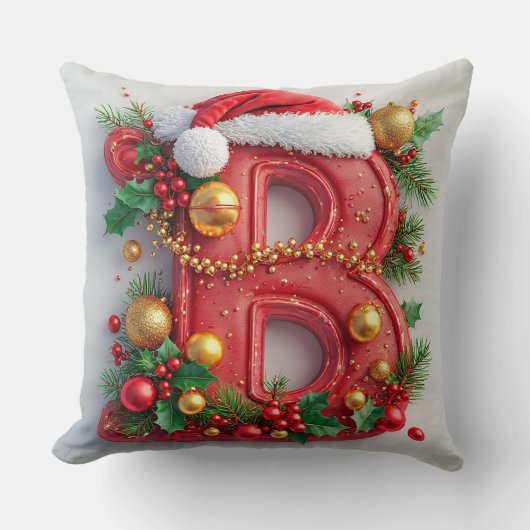 クリスマスの装飾が施された赤い文字B クッション (正面)