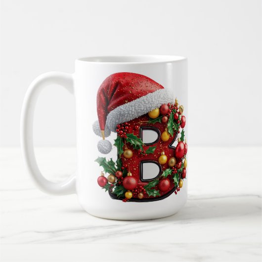クリスマスの装飾が施された赤い文字B コーヒーマグカップ (左)