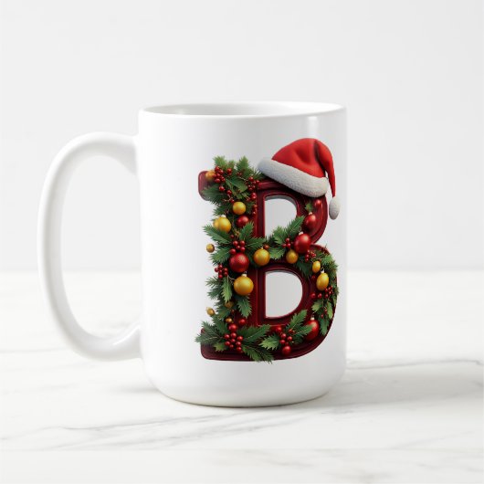 クリスマスの装飾が施された赤い文字B コーヒーマグカップ (左)