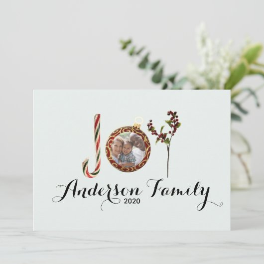 クリスマスの装飾の喜び家族の名前と写真 シーズンカード (スタンド正面)