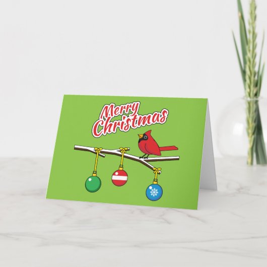 クリスマスの裸の枝に立つルビー色のカーディナル - メリークリスマス カード (正面)
