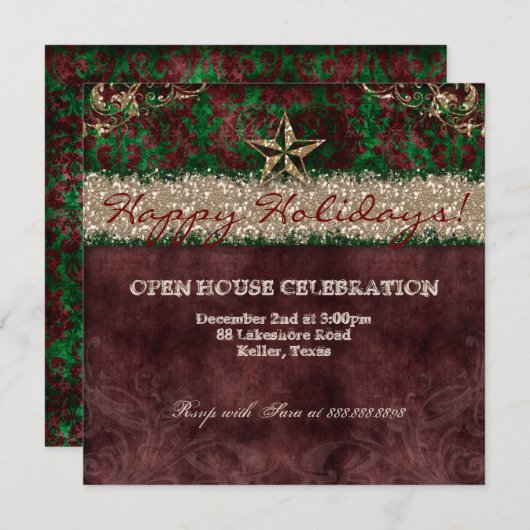 クリスマスの西部のヴィンテージの写真カードダマスク織の星 招待状 (正面/裏面)