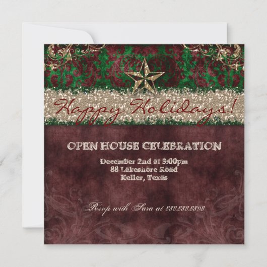 クリスマスの西部のヴィンテージの写真カードダマスク織の星 招待状 (正面)