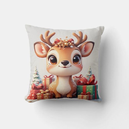 クリスマスの角が生えた愛らしい赤ちゃん鹿 クッション (正面)