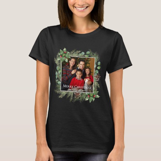 クリスマスの記念写真リース植物画 Tシャツ (正面)