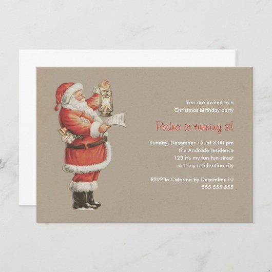 クリスマスの誕生会のヴィンテージのサンタの第3休日 招待状 (正面/裏面)