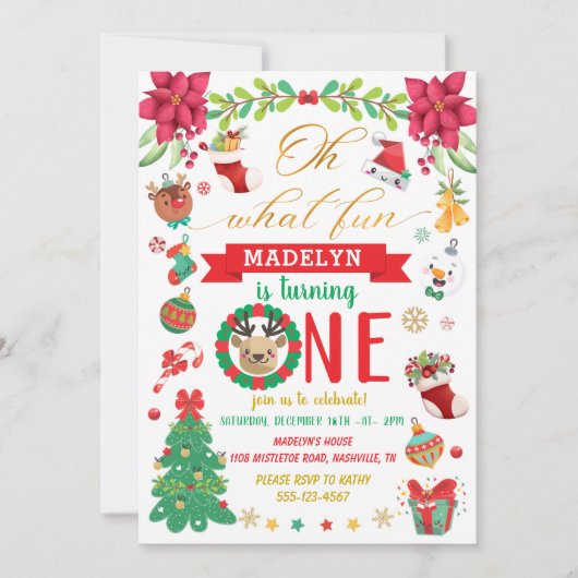 クリスマスの誕生日で1歳になるなんて、なんて楽しいのでしょう 招待状 (正面)