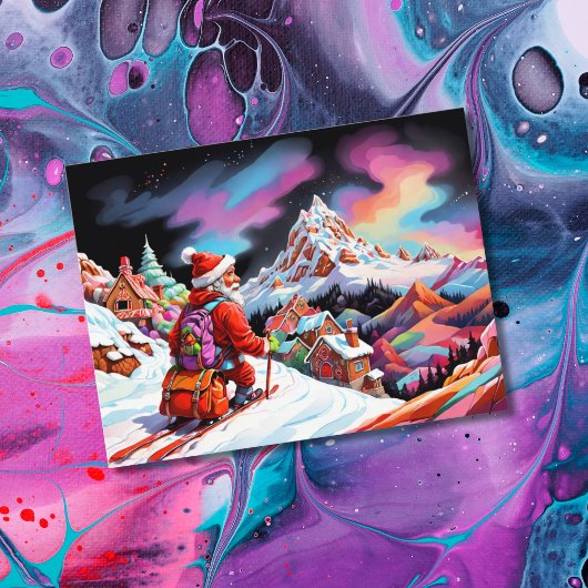 クリスマスの谷を見下ろすスキーのサンタ シーズンポストカード