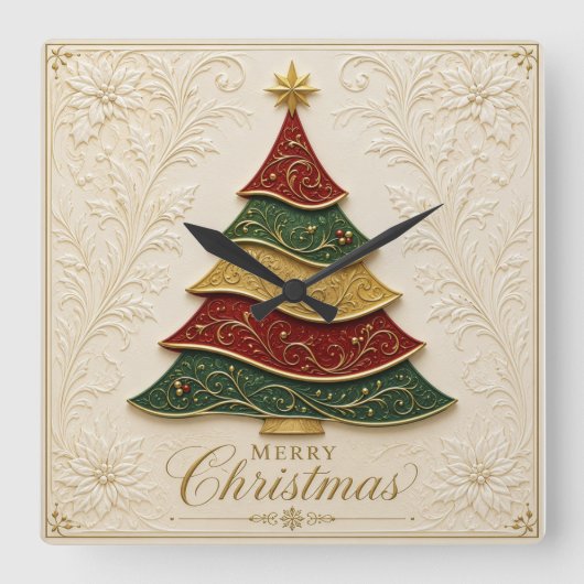 クリスマスの豪華な金のエナメルツリー スクエア壁時計 (正面)