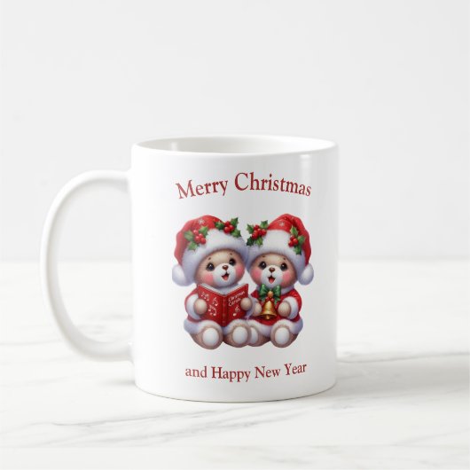 クリスマスの賛美歌を歌うかわいいテディベアの双子 コーヒーマグカップ (左)