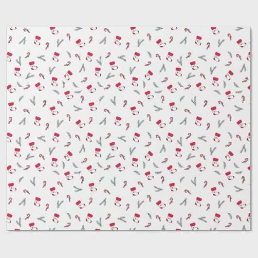 クリスマスの贈り物用ストッキングとペロペロキャンディーの模様 ラッピングペーパー (フラット)