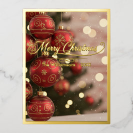 クリスマスの赤いオーナメントと名前 箔シーズンポストカード