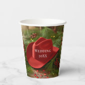 クリスマスの赤いカウボーイハットの結婚式 紙コップ (裏面)