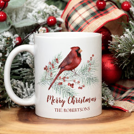 クリスマスの赤いカーディナル 冬の松の水彩画 コーヒーマグカップ