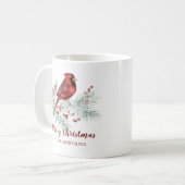クリスマスの赤いカーディナル 冬の松の水彩画 コーヒーマグカップ (正面左)