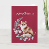 クリスマスの赤いキツネの葉の水彩画 シーズンカード (正面)