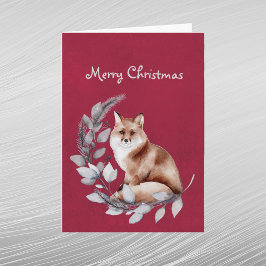 クリスマスの赤いキツネの葉の水彩画 シーズンカード