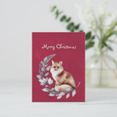クリスマスの赤いキツネの葉の水彩画 シーズンポストカード (スタンド正面)