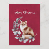 クリスマスの赤いキツネの葉の水彩画 シーズンポストカード (正面)