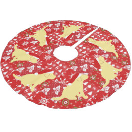 クリスマスの赤いキルトの黄色のラブラドールの子犬 ブラッシュドポリエステルツリースカート