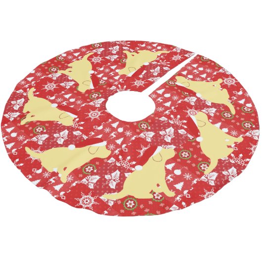 クリスマスの赤いキルトの黄色のラブラドールの子犬 ブラッシュドポリエステルツリースカート (アングル)