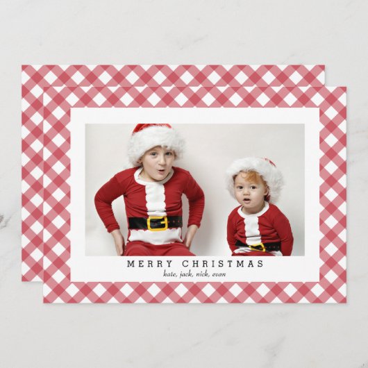 クリスマスの赤いギンガムチェックの格子状の写真カード シーズンカード (正面/裏面)