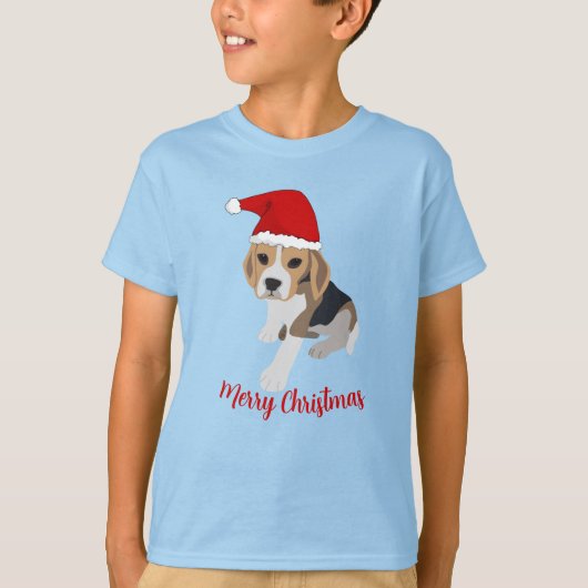 クリスマスの赤いサンタハットクリスマスTでビーグル子犬 Tシャツ (正面)