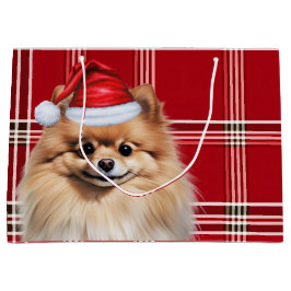 クリスマスの赤いチェック柄 ポメラニアン 犬好き ラージペーパーバッグ