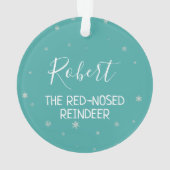 クリスマスの赤いトナカイの雪の結晶と名前の青 オーナメント (裏面)