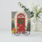 クリスマスの赤いドアの自転車のホリデーギフトのシーン シーズンポストカード (スタンド正面)