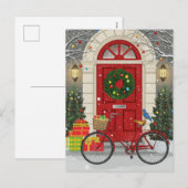 クリスマスの赤いドアの自転車のホリデーギフトのシーン シーズンポストカード (正面/裏面)