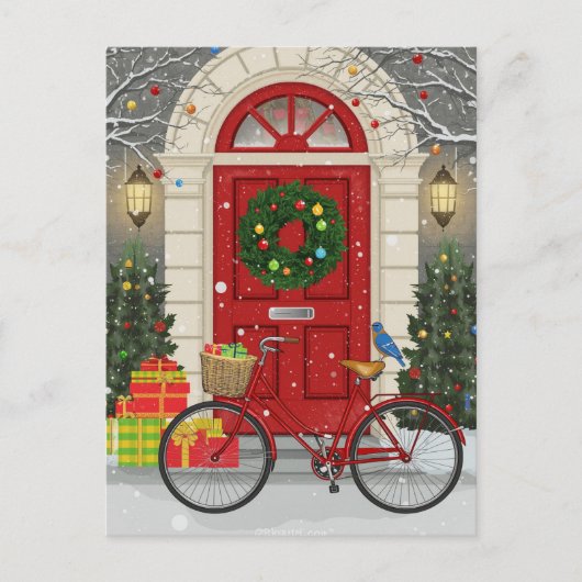 クリスマスの赤いドアの自転車のホリデーギフトのシーン シーズンポストカード (正面)