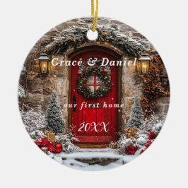 クリスマスの赤いドアリース "私たちの初めての家" セラミックオーナメント