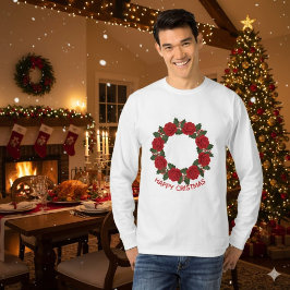 クリスマスの赤いバラのリース ハッピー・クリスマス Tシャツ