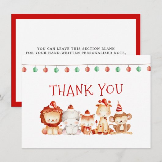 クリスマスの赤いパーティー帽を被った赤ちゃん動物たち サンキューカード (正面/裏面)