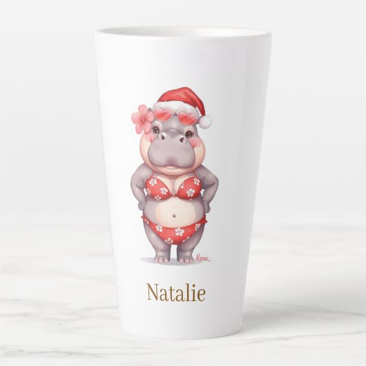 クリスマスの赤いビキニのカバのサーファー カフェラテマグ (正面)
