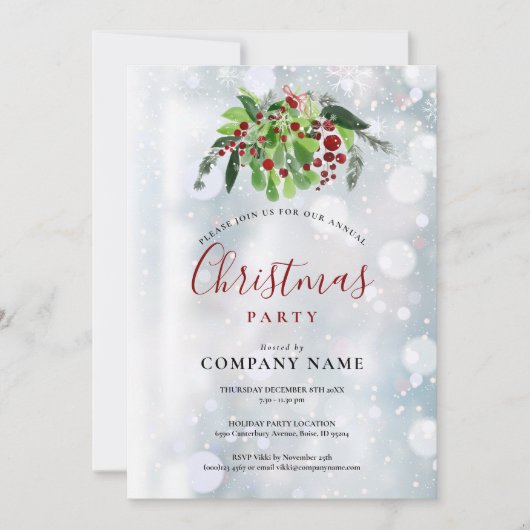 クリスマスの赤いベリーの雪の会社の年末パーティー 招待状 (正面)