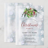 クリスマスの赤いベリーの雪の会社の年末パーティー 招待状 (正面/裏面)