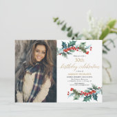 クリスマスの赤いホリー金ゴールドシンプル写真 招待状 (スタンド正面)