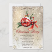 クリスマスの赤いボールと雪の結晶のパーティー 招待状 (正面)