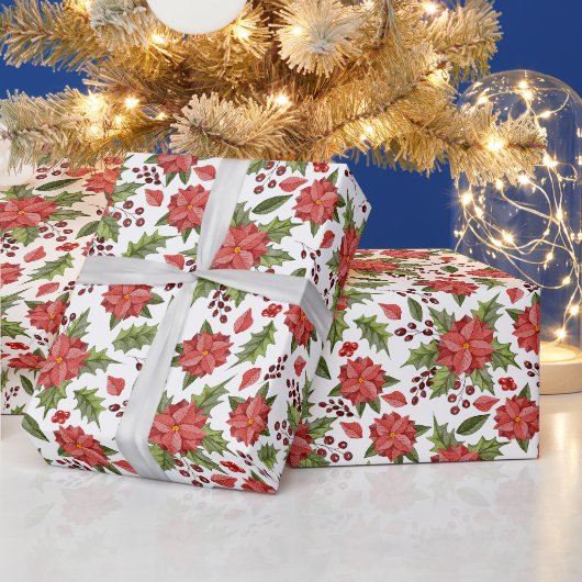 クリスマスの赤いポインセチアといちご ラッピングペーパー (クリスマス)