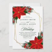 クリスマスの赤いポインセチアと松の葉のウェディング 招待状 (正面)